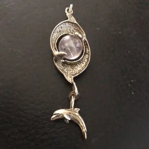 Vintage Harmony Healing LOVE Dolphins Sterling Silver Pendant Rose Quart MCM 2.5