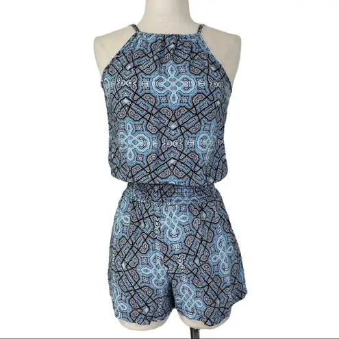 Hot Gal Blue black print halter neck romper sz xs by keyhole back elastic waist