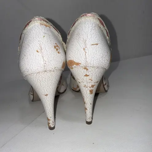 Y2K Delicious White Pink Lace Bows Ribbon Trim Stripper Peep Toe Pumps Size 9