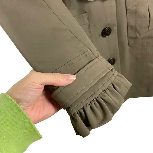 BLANC NOIR Belted Tailored Office Siren Trench Coat Ruffle Cuffs Medium Green