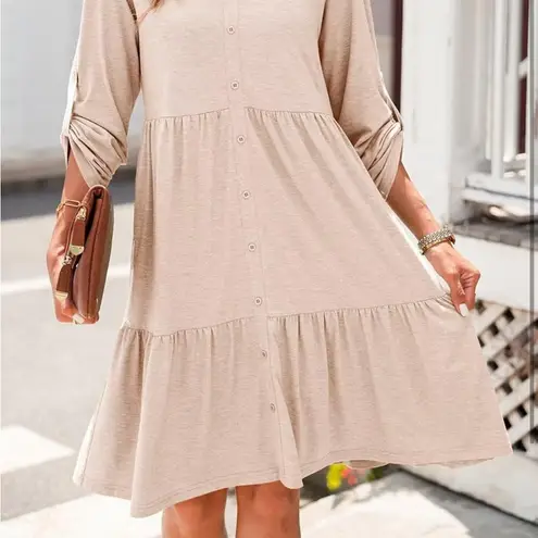 Dokotoo V Neck Button Up Long Sleeve Empire Waist Ruffle Tiered Mini Dress XL