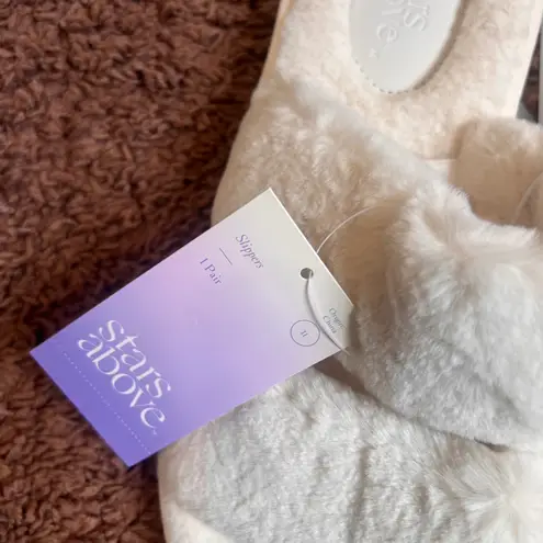 Stars Above Plush Slippers Fuzzy Slide Open Toe Comfy Cozy Cream Size 11