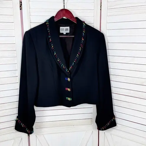 Vintage City Girl Petites 80s Rainbow Fringe Crop Blazer Jacket Black 12 Medium Size undefined