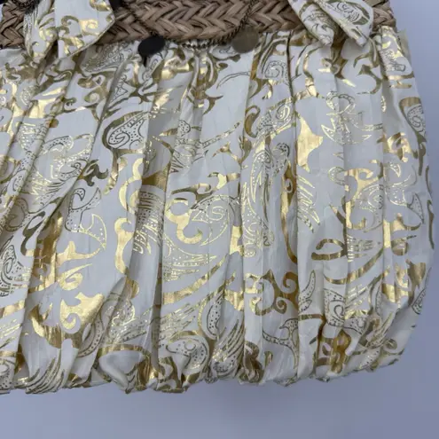 Sun 'N Sand Woven Straw Fabric Gold Metallic Tote Bag Boho Chain Chic Brown