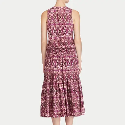 LAUREN RALPH LAUREN Crepe Sleeveless Dress Purple Tan Ikat Smocked Blouson Midi Size M