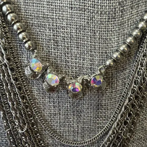 Plunder Multi Strand Chain & Rhinestone Necklace. 20” Overall Silver
