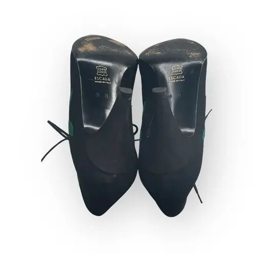 Vintage: Escada 𒀭 Lace Up Granny Heeled Ankle Booties 𒀭Black + Green Suede 𒀭9 Black