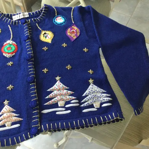 Vintage Victoria Harbour Embellished Christmas Sweater Cardigan Blue Ugly Size M