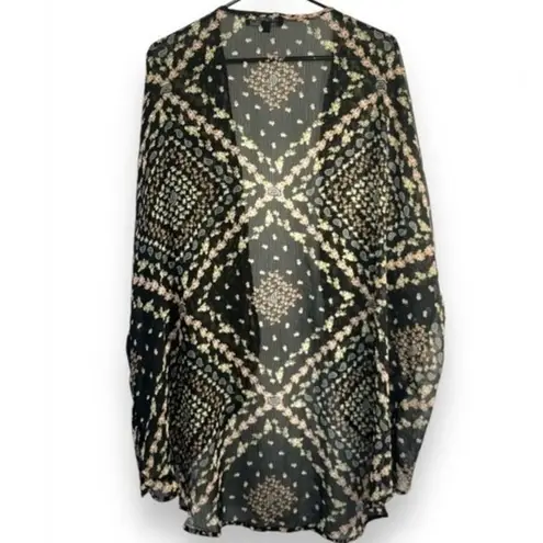 Haute Fox Womens Floral Sheer Patterned Open Front Kimono Sweater sz 3X Boho Black