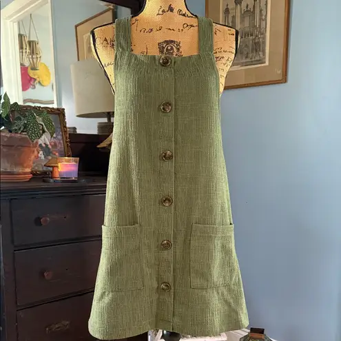 Full Circle Trends Olive Green Button-Front Pinafore Dress – Size M