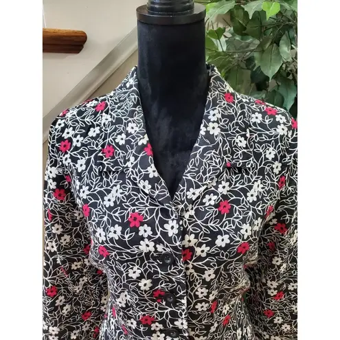 kim rogers  Women's Black Floral Linen Collared Long Sleeve Button Down Shirt 12