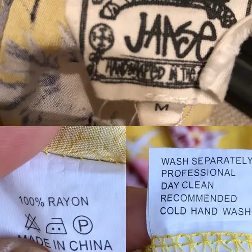 Jaase Women’s Shirt Tunic Yellow Floral Swan Ladder Lace Boho Medium