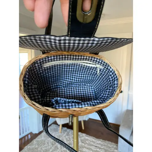 Vintage Wicker Basket Purse with Black Faux Croc Leather Trim & Gingham Lining Brown