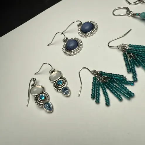 Blue Dangle Pierced Earrings Lot Of 4 Silver Tone Rhinestone & Bead/beaded Mix