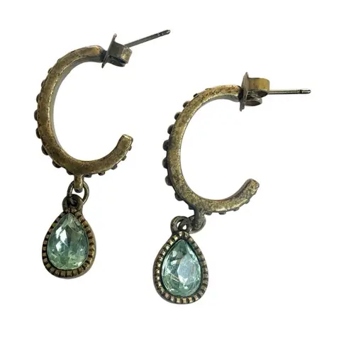 Vintage Avon Style Bronze Hoop Earrings w/ Aqua Crystal Drop
