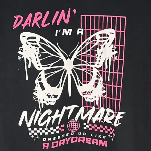 Graphic Silver Glittery Butterfly Crop Top Size Medium Black