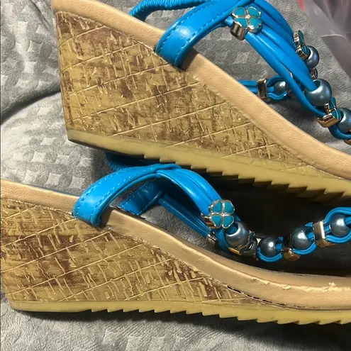 Vittorio D’ Firenze Blue and Tan Beaded Sandals with Ankle Strap made in Italy Size 10