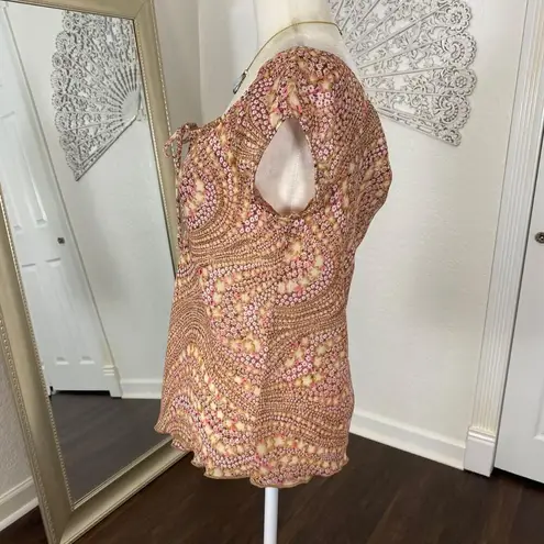 Early 2000s Orange Pink Floral Flower Babydoll Milkmaid Cottagecore Blouse Top L Size L