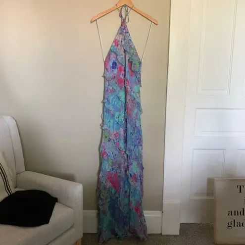 ZARA Bloggers Fav Ruffle Halter Maxi Dress Multicolor Size Large Open Back