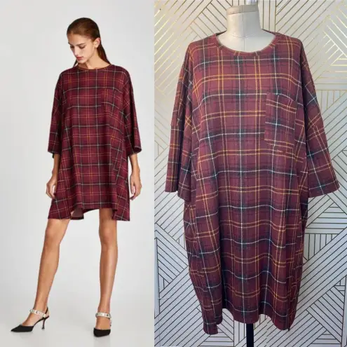 ZARA  Dress Plaid Oversized Short Sleeve T-Shirt Red‎ Check Dress Size Medium