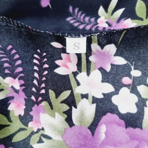 Silky Satin Robe Floral Pattern Kimono Short Black Size Small