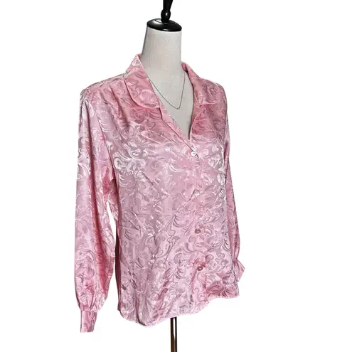 Vintage Laura Mae Pink Satin Baroque Floral Draped Blouse 12 | Silky Retro Glam