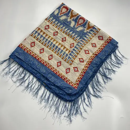 Fringe Scarf Square Southwestern Pattern Blue White Lightweight FLAWS Stripes