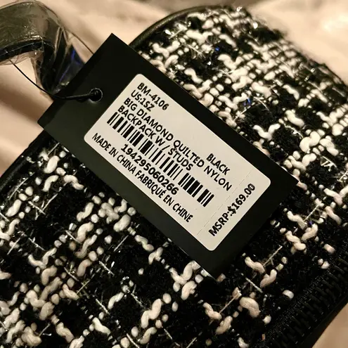 Badgley Mischka Backpack Tweed Quilted Studded Black White New With Tags