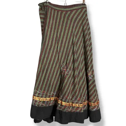 Striped Wrap Skirt Floral Embroidery Boho Flowers Ribbon Tie Waist Green Red Size undefined