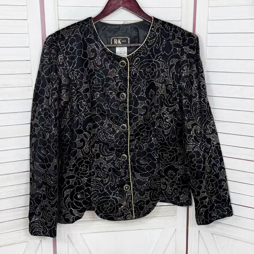 Vintage 80s R&K Evening Floral Glittered Velvet Jacket Black Gold 14