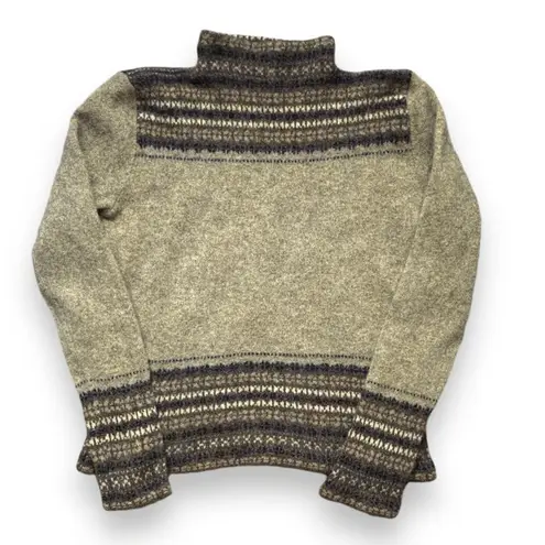 Vintage 90s Fair Isle Wool Cropped Tan Turtleneck Ski Lodge Cozy Knit Sweater