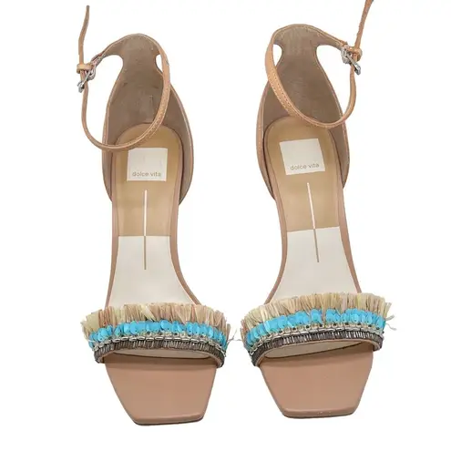 Dolce Vita Hyper Suede & Embellished Raffia High Heel Sandals Size 9 Tan Blue