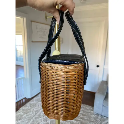 Vintage Wicker Basket Purse with Black Faux Croc Leather Trim & Gingham Lining Brown