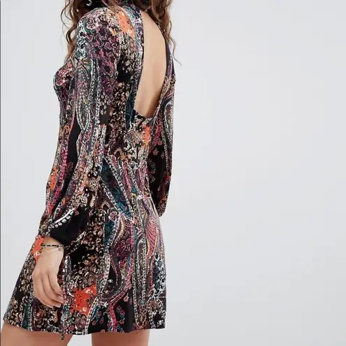 Free People  All Dolled up paisley printed open back mini black dress size S