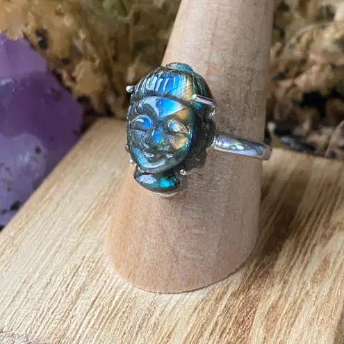 Buddha Face Carved Labradorite Sterling Silver Ring Size 9 Multiple
