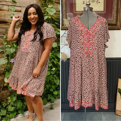 Savanna Jane Leopard Print Spoiled Rotten Flutter Embroidered Dress Sz 2X 💚🎀 Black