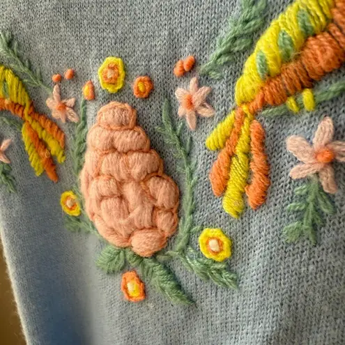 Vintage 70s CariKnits Belted Sweater Crewel Needlework M L Blue Size M