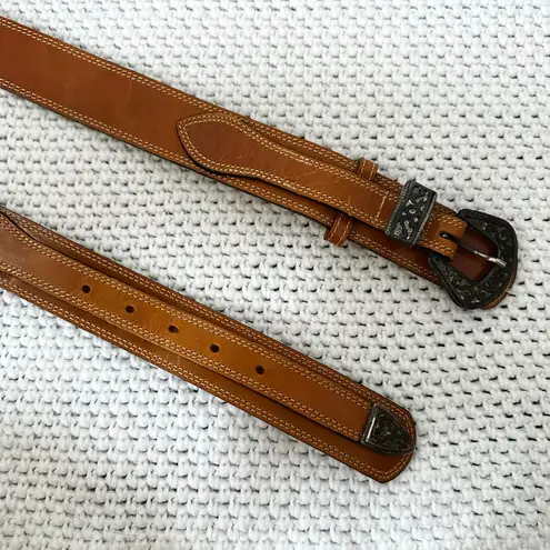 First Issue Vintage Tan Leather Western Silver Buckle Boho Wrap Slim Belt Large Brown