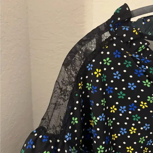 Collusion Floral Long Sleeve Black Dress with Ruffle Details Lace Back Size 12 Blue