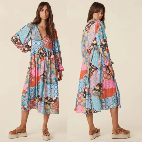 Spell & the Gypsy Bohemian Patchwork 70s Witchy Cha Cha Maxi Dress Size Large Blue - Image 2