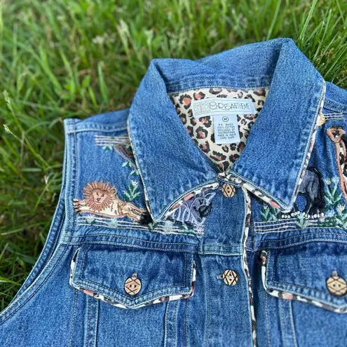 90s / Y2K Denim Vintage Zoo Animal Embroidered Jean Vest Leopard Print Trim Size M