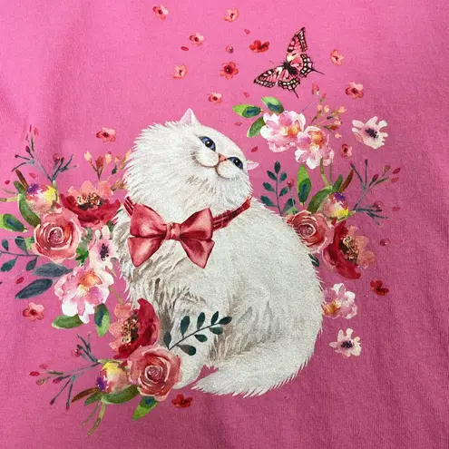 AZALEA SITTING KITTY PRINTED SHORT SLEEVE COTTON TEE WOMENS LG PINK PREOWNED