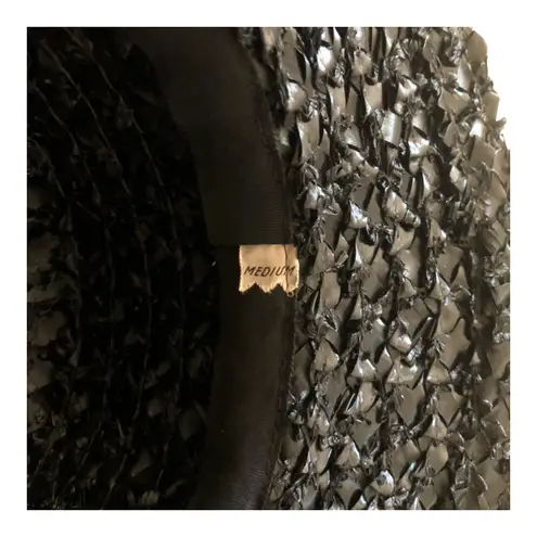 Vintage Suzy Hat Black Woven Straw Wide Brim With Ribbon Accent Women's Medium