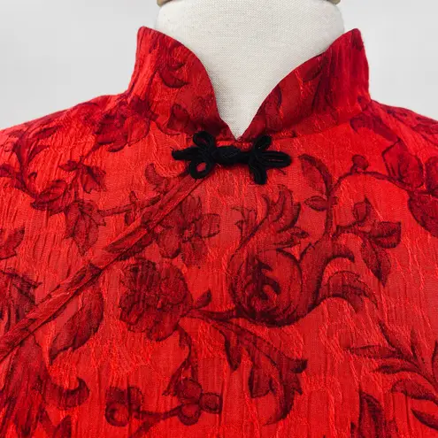 Vintage 90s Qipao Cheongsam Maxi Dress Layered Bodice High Neck Floral Red Black Size 10