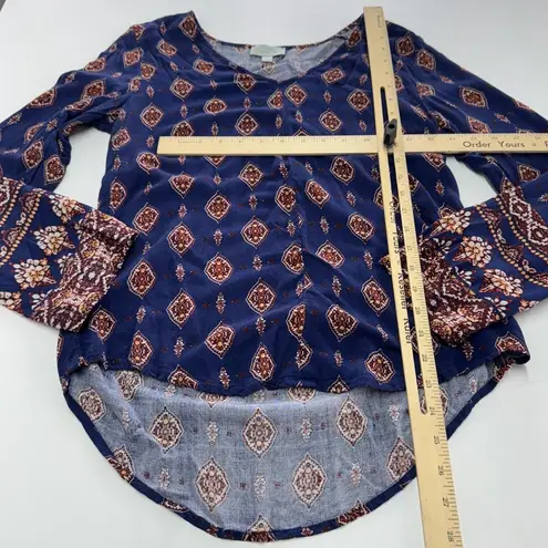 Veronica M Shirt Womens Small Blue Boho Long Sleeve Diamond Print Blouse Top