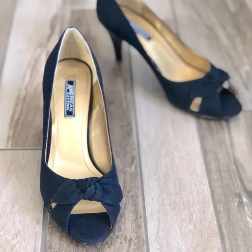 American Living Consuelo Black Open Toe Bow Tie Fabric Heels, sz. 7