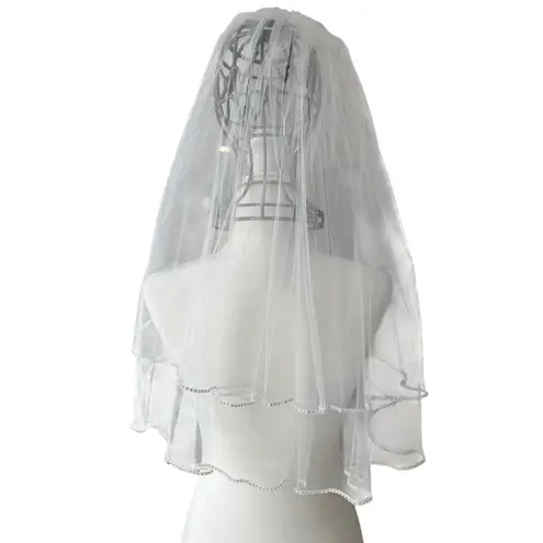 Bridal Wedding Veil Ivory 2 Tiers Long Elbow Length With Rhinestone Edge White