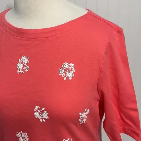 Karen Scott Women's Floral Scalloped Hem Top Coral Small Scoop Neck Tee Pink
