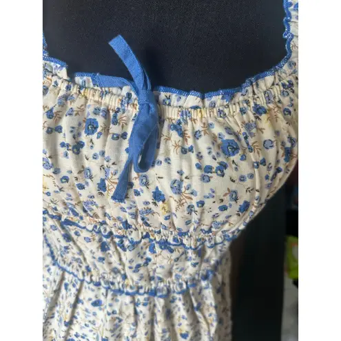 Japna  Blue Beige Floral Ruched Sundress – Size M – Summer Boho Chic