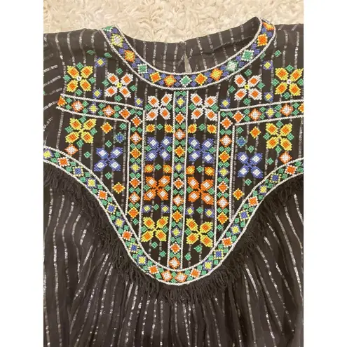 ZARA  Black Embroidered Cap Sleeve Fringe Semi Sheer Metallic Thread Top Blouse S